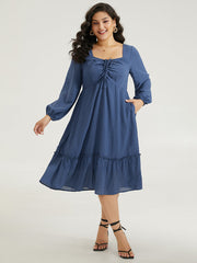 Solid Plisse Ties Frill Trim Ruched Dress