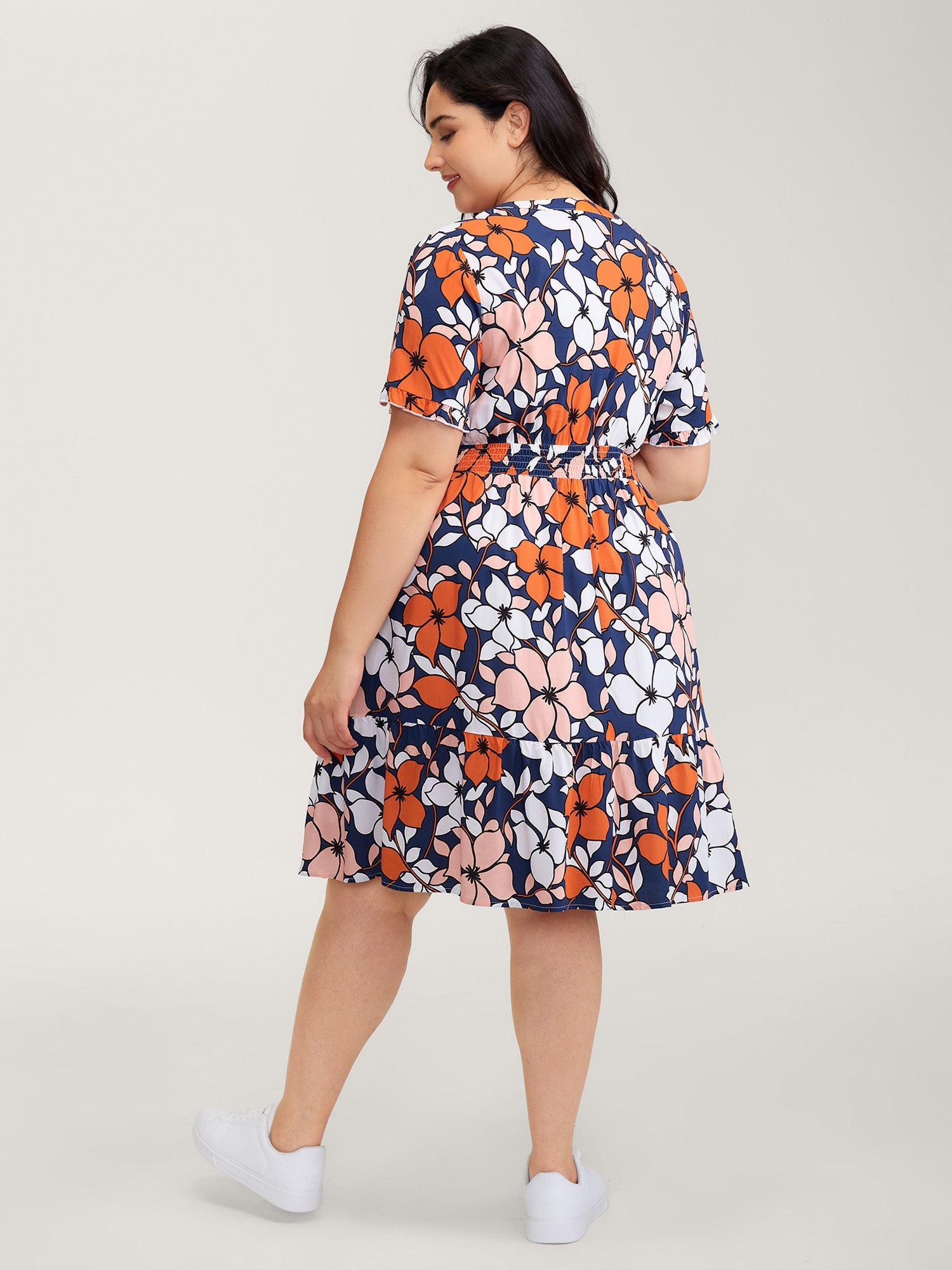 Floral Print Shirred Notched Neckline Midi Dress