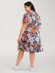 Floral Print Shirred Notched Neckline Midi Dress