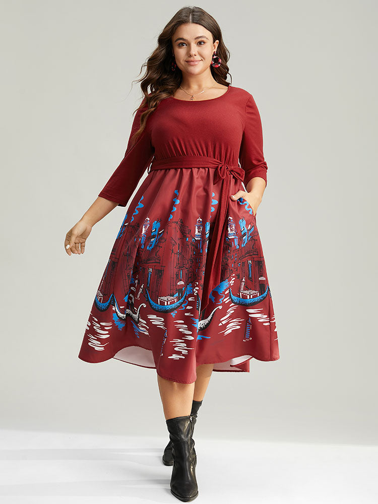 Boho Print Patchwork Belted Gathered Dress