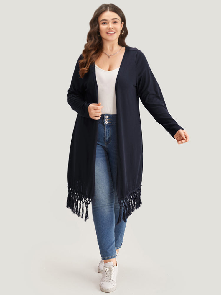 Plain Patchwork Open Front Tassel Trim Kimono