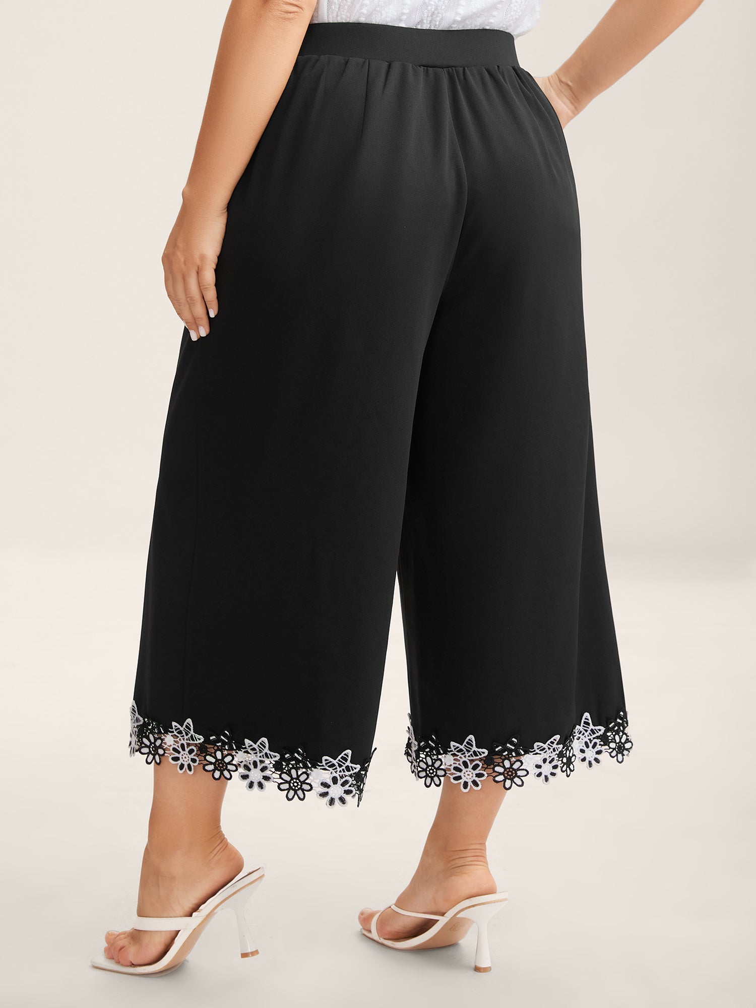 Floral Lace Hem Wide-Leg Pants
