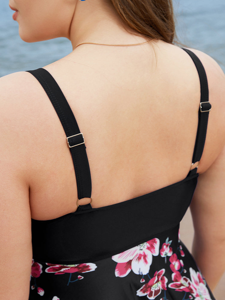 Floral Print Knotted Twist Front  A Line Swim Dress