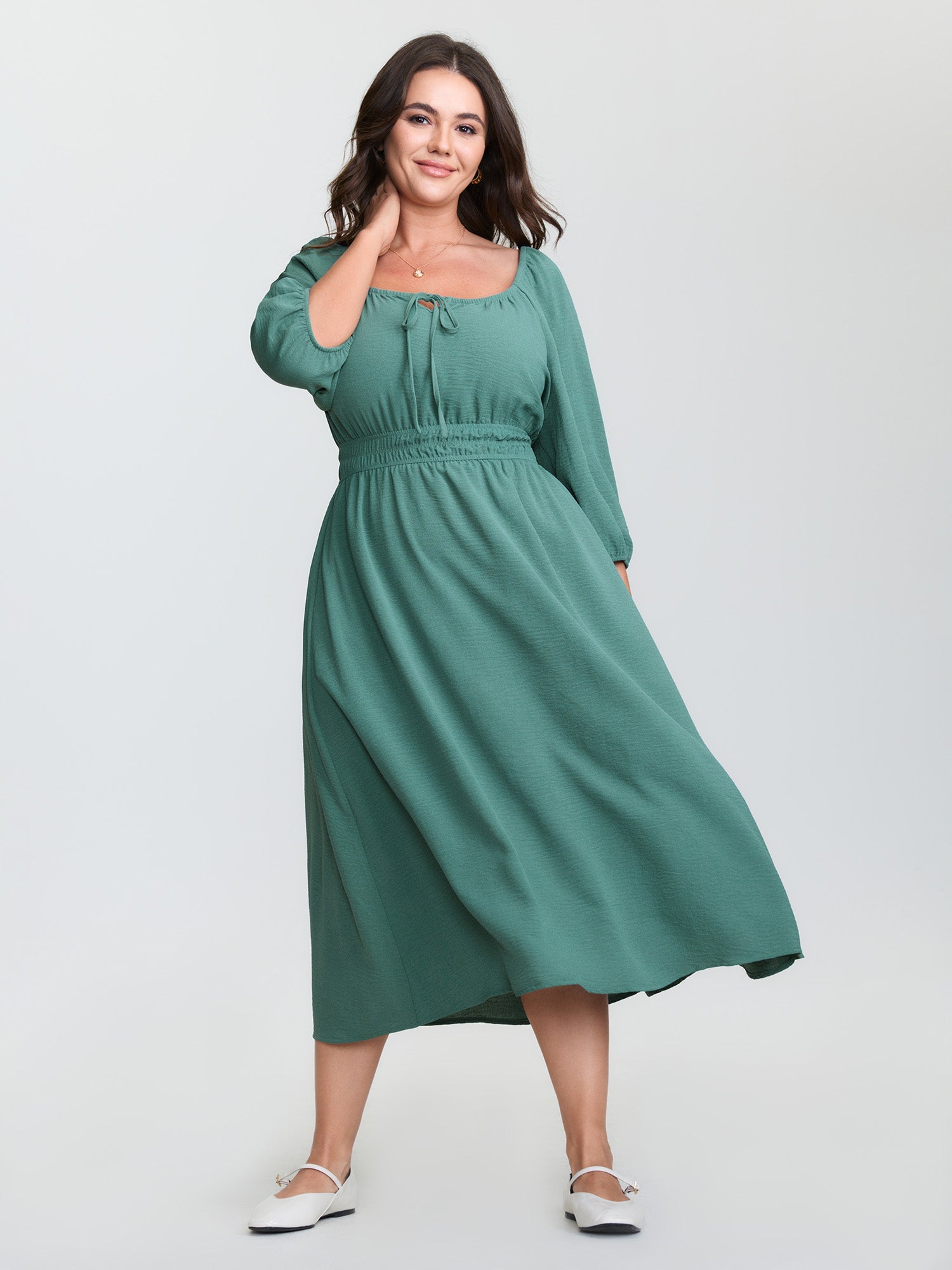 Shirred Waist Drawstring Neckline Midi Dress