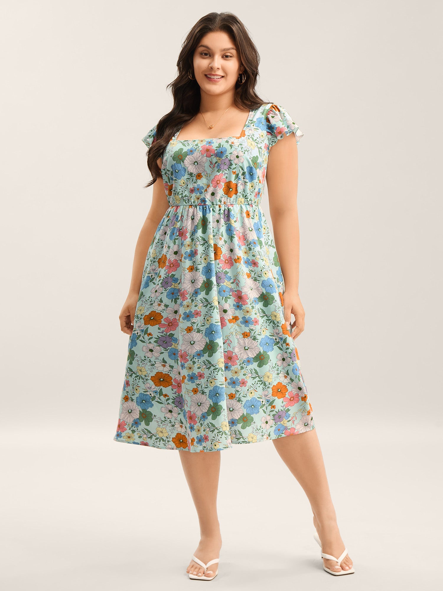 Floral Print Flutter Sleeve Pockets Midi Dress