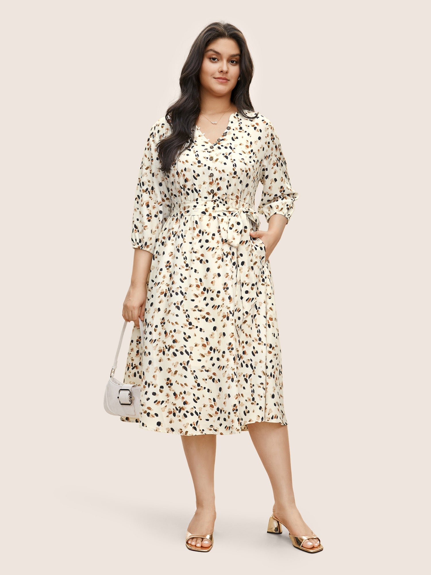 Allover Print Notched Belted Button Detail Dress
