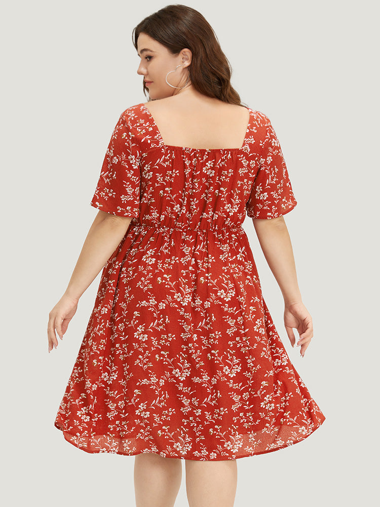 Floral Print Square Neck Ruched Ruffles Drawstring Dress