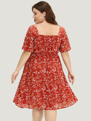 Floral Print Square Neck Ruched Ruffles Drawstring Dress