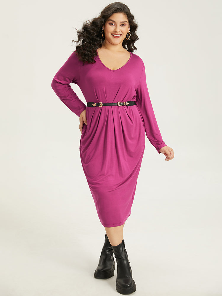 Solid Pocket V Neck Plicated Detail Dress