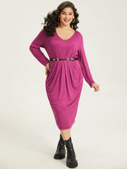 Solid Pocket V Neck Plicated Detail Dress
