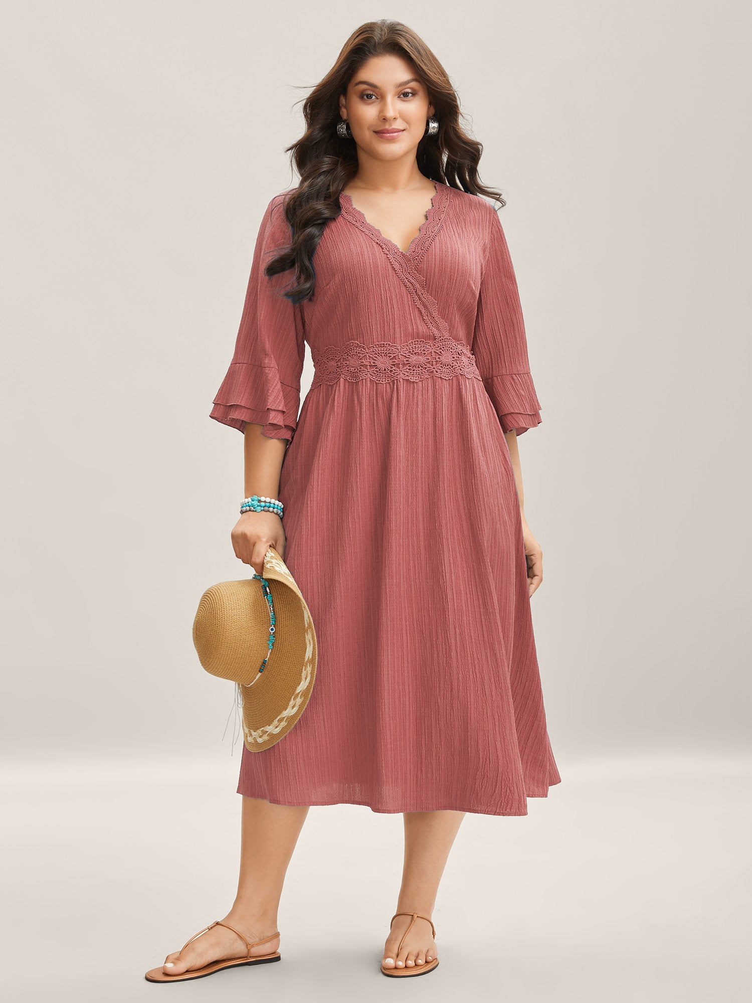Scalloped Lace Surplice Ruffled Midi Dress