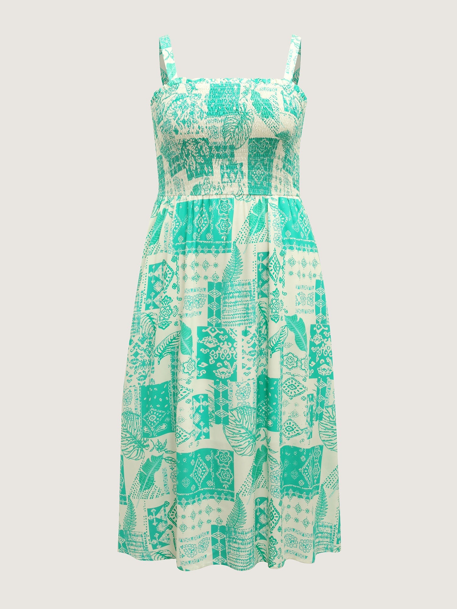 Shirred Bodice Holiday Print Midi Dress