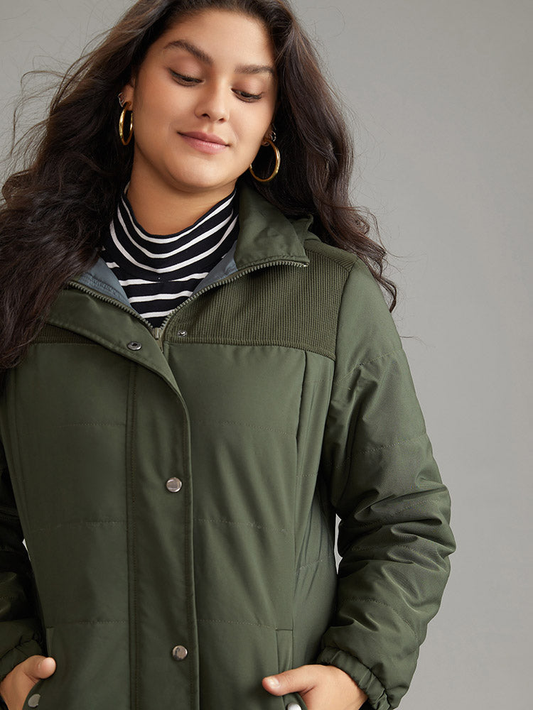 Plain Patchwork Corduroy Zipper Padded Hooded Jacket