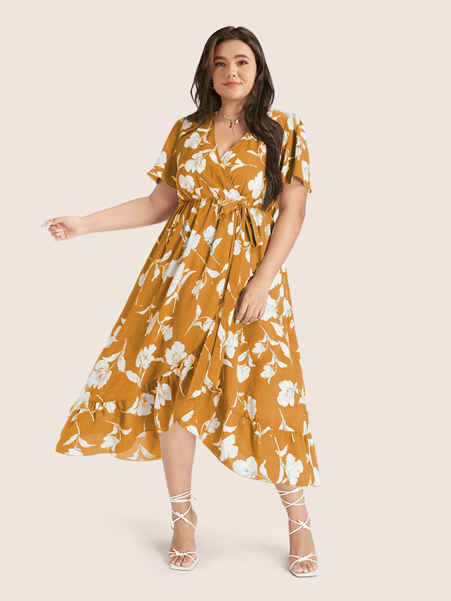 Floral Ruffle Knot Side Wrap Dress