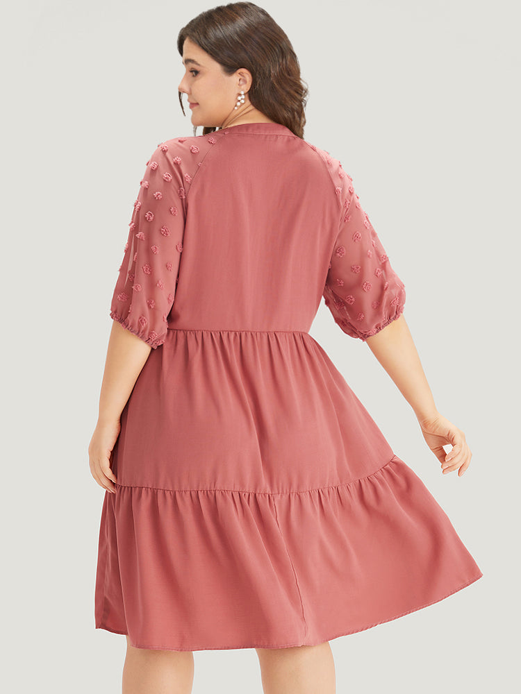 Solid Notched Lantern Sleeve Ruffle Layered Hem Dress