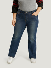 Plain Roll Hem Medium Wash Full Length Jeans