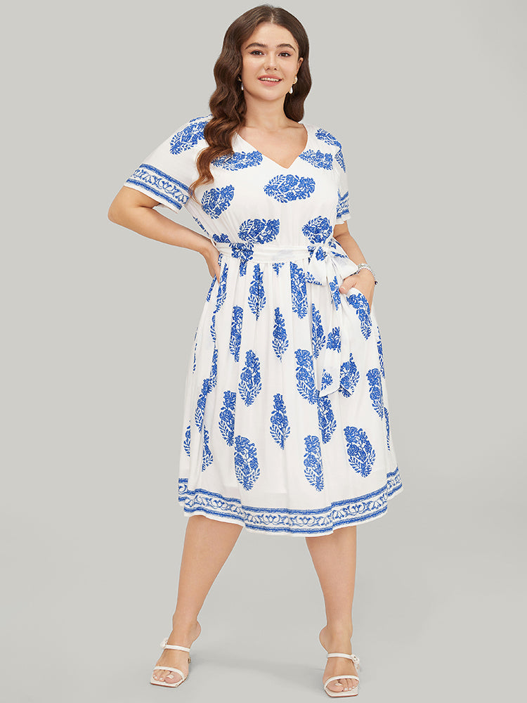 Floral Print Pocket Belted Ruffle Hem Knee Dress