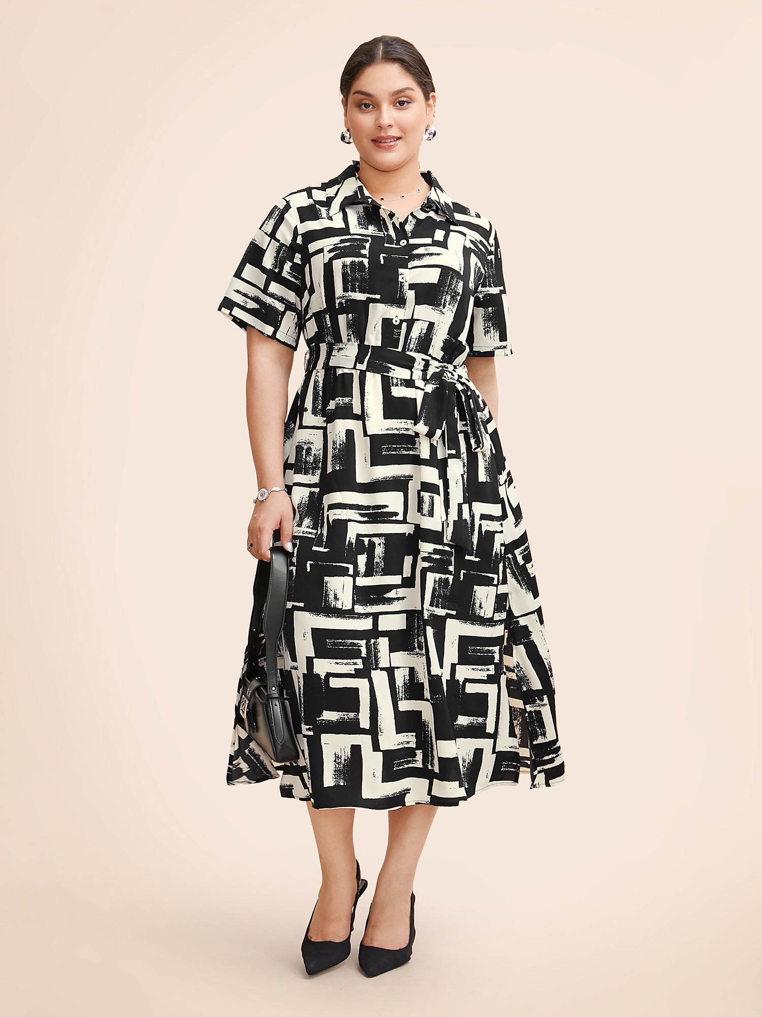 Shirt Collar Colorblock Contrast Midi Dress