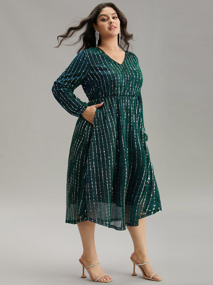 Sequin Mesh V Neck Elastic Waist Dress