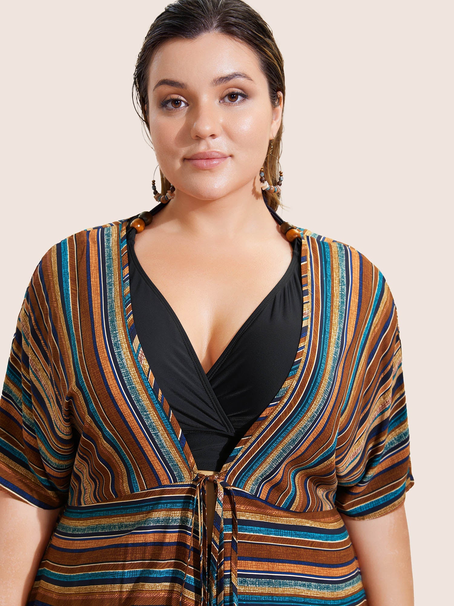 Colored Striped Cross Straps Asymmetrical Hem Kimono