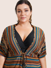 Colored Striped Cross Straps Asymmetrical Hem Kimono