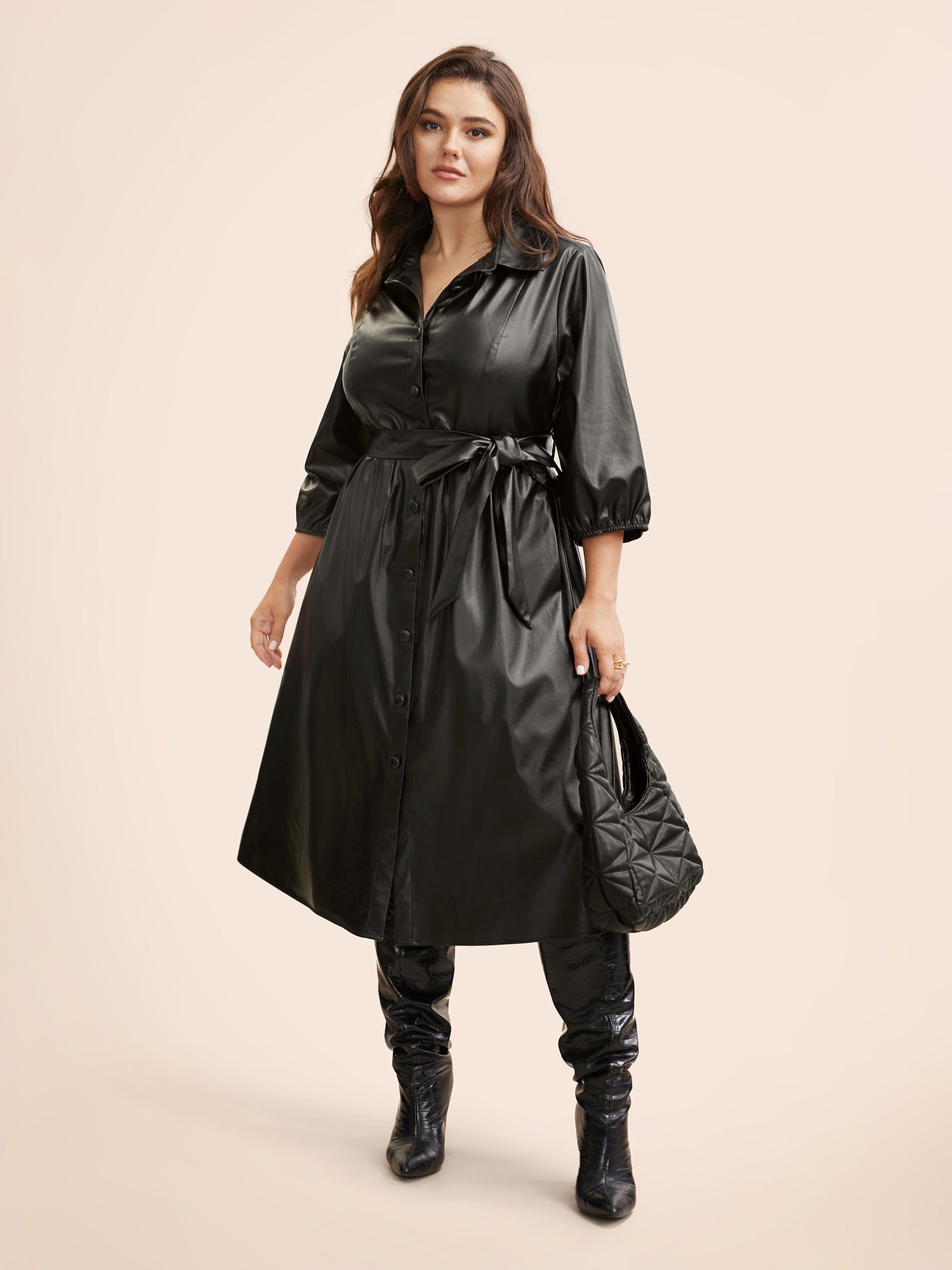 Shirt Collar PU Leather Belted Dress