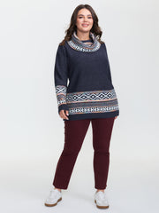 Boho Pattern Color Contrast Turtleneck Pullover
