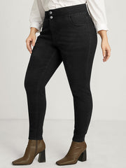 Skinny Slightly Stretchy High Rise Black Wash Double Button Jeans
