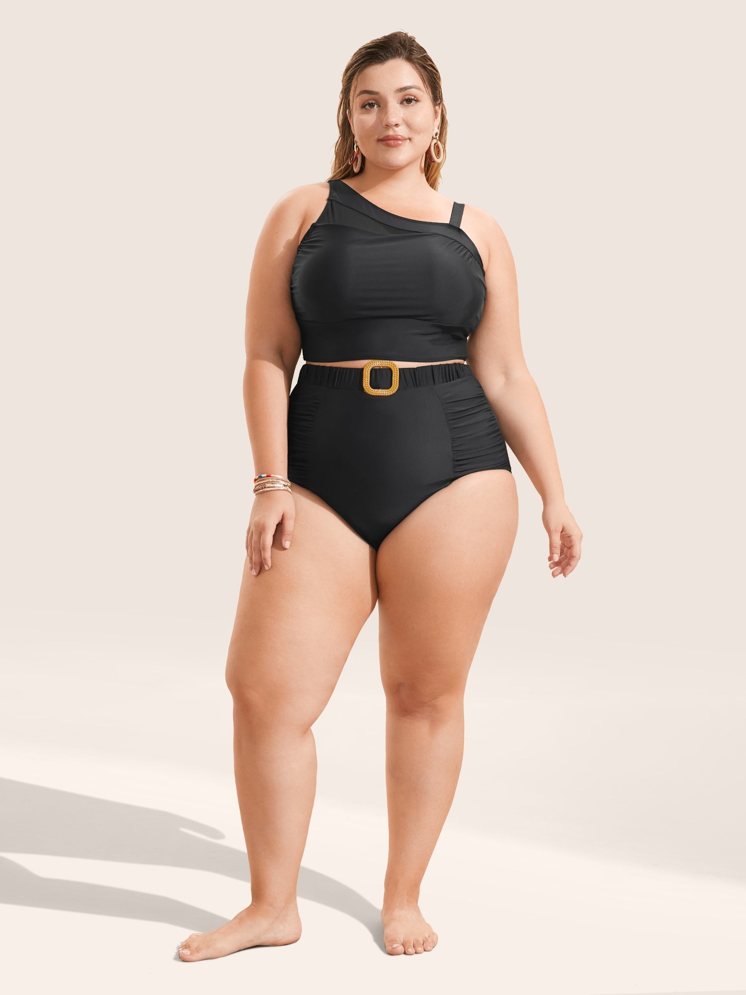 Solid Buckle Detail Ruched Swim Bottom