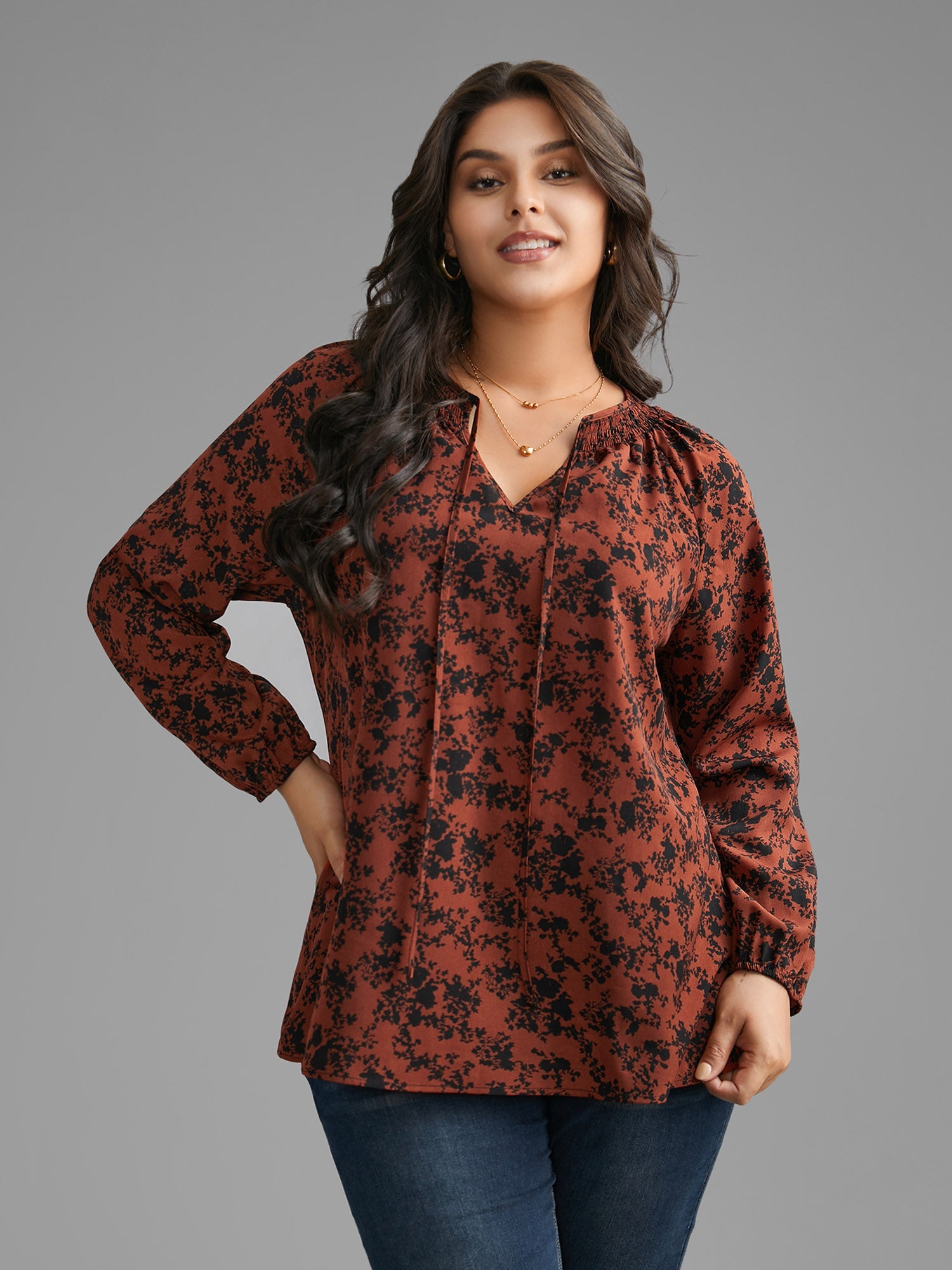 Silhouette Floral Print Shirred Gathered Blouse