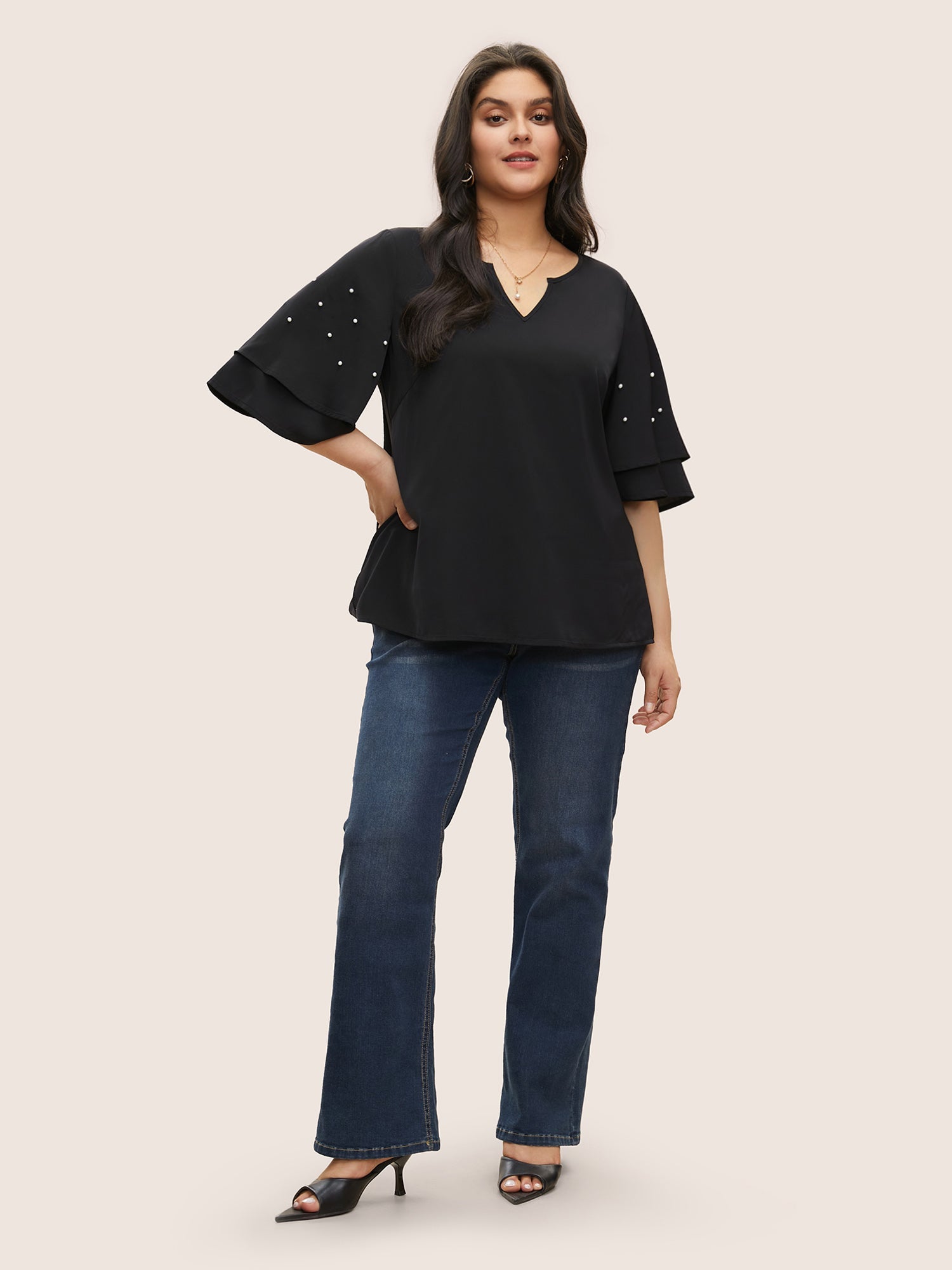Solid Pearl Beaded Ruffle Layered Sleeve Blouse