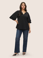 Solid Pearl Beaded Ruffle Layered Sleeve Blouse