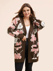 Floral Jacquard Open Front Pocket Cardigan