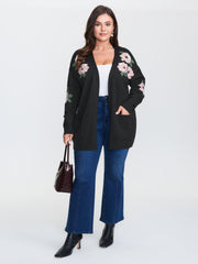 Floral Jacquard Pattern Pockets Knit Cardigan