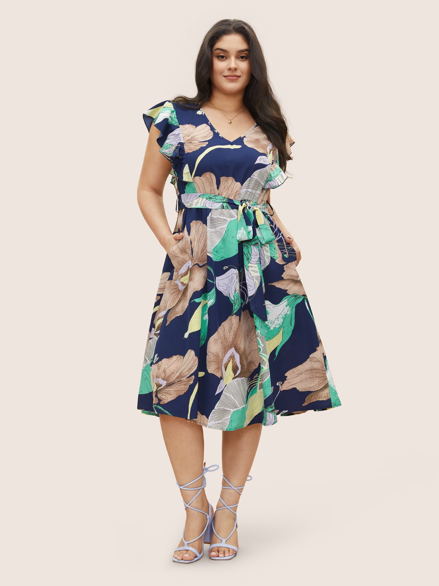 Floral Print Flutter Sleeve Belted Midi Dress