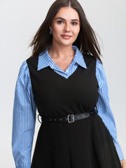 2-in-1 Color Contrast Belted Midi Dress