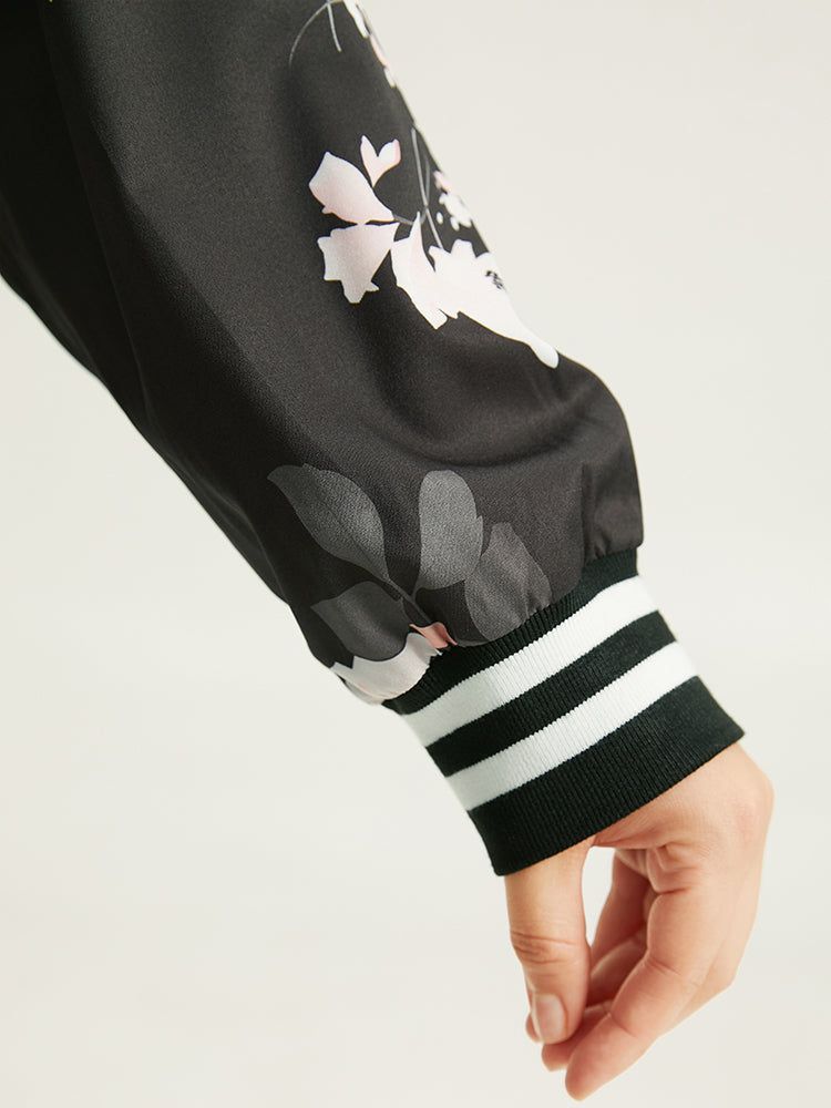Floral Contrast Trim O Ring Zipper Jacket