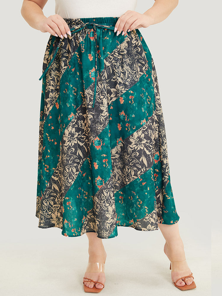 Floral Contrast Pocket Knot Front Skirt