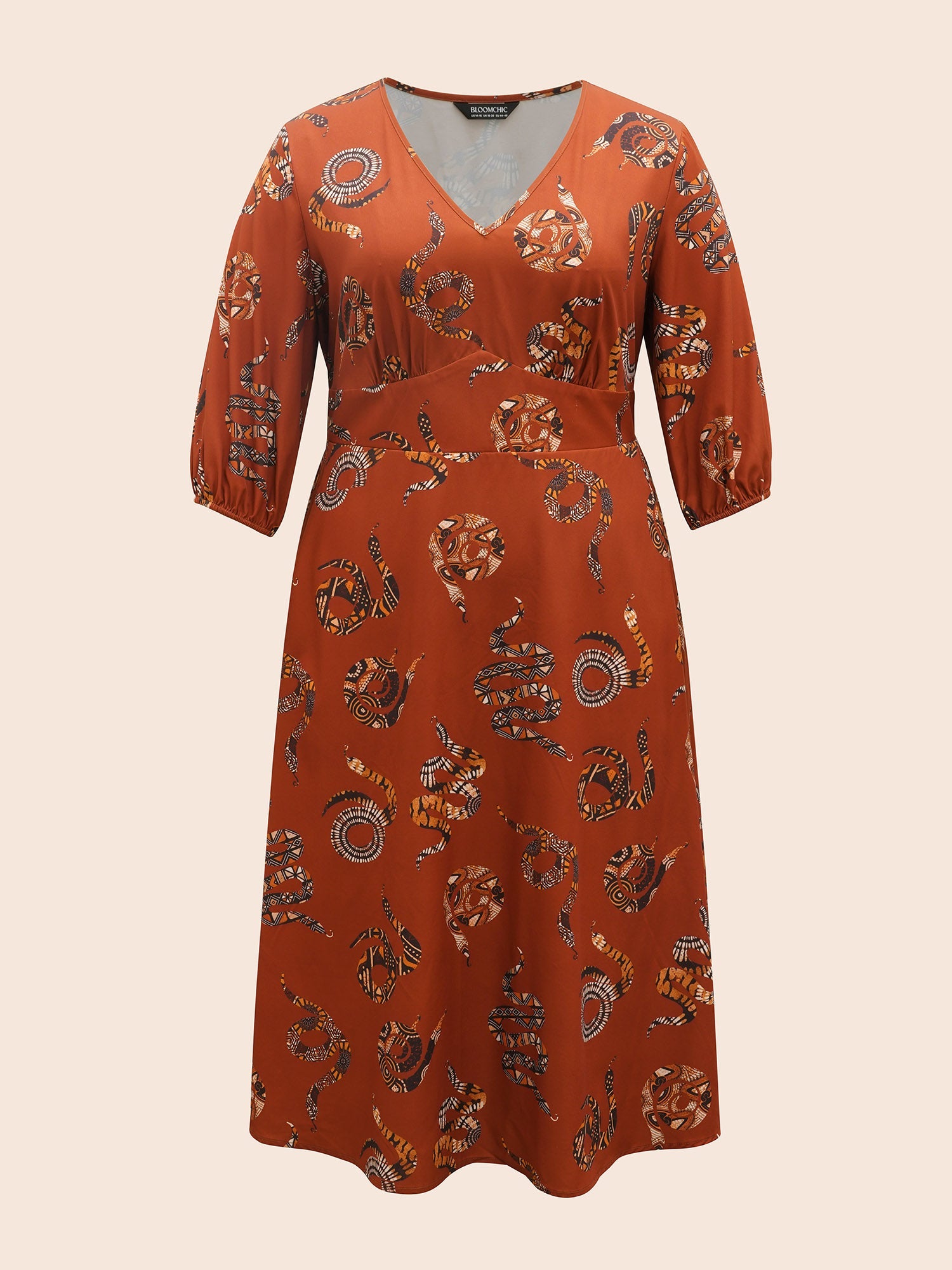 Snake Print Lantern Sleeve Midi Dress
