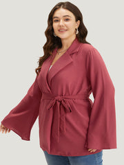 Solid Bell Sleeve Belted Lapel Collar Blazer