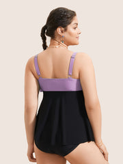 Colorblock Contrast Ruffle Layered Hem Tankini Top