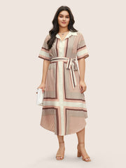 Geo Graphic Belted Curved Hem Shirt Collar Dress