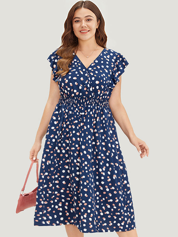 Allover Print Pocket Wrap Flutter Cap Sleeve Dress