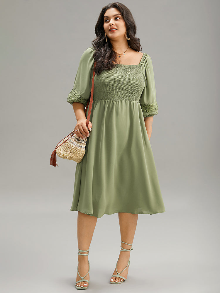 Solid Shirred Square Neck Guipure Lace Dress