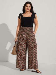 Shirred Waist Ditsy Floral Wide-Leg Pants