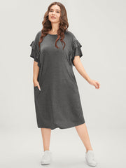 Solid Round Neck Pocket Beaded Webbing Ruffle Trim Dress