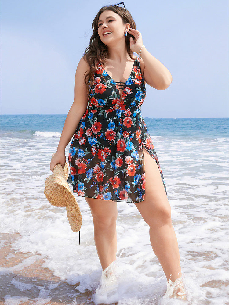 Floral Print Deep V Neck Sculpt Waist Split Swim Dress