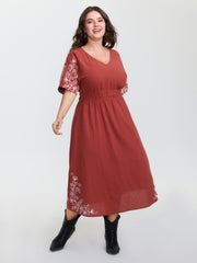 Shirred Waist Embroidered Midi Dress