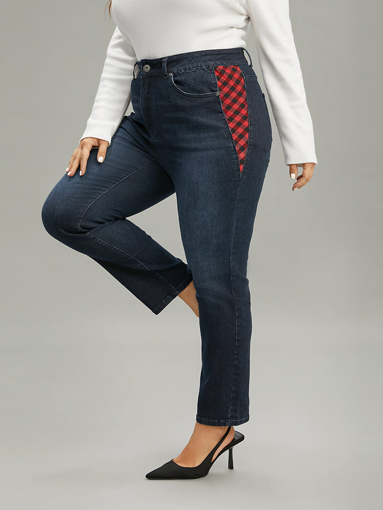 Plaid Patchwork Straight Leg Dark Wash Jeans