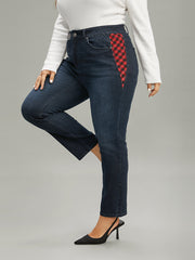 Plaid Patchwork Straight Leg Dark Wash Jeans